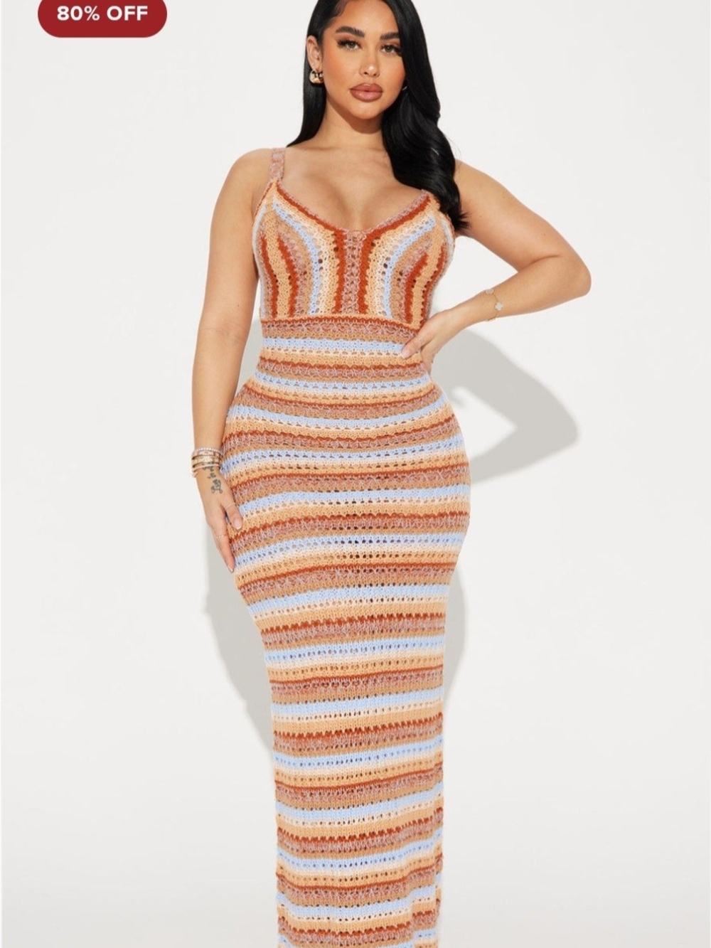 Fashion Nova Striped Crochet Maxi Dress in Rust, Light Blue & Cream
